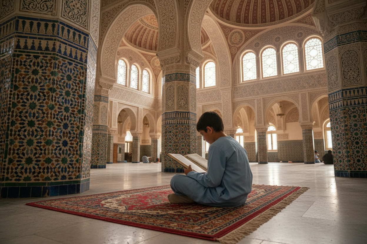 ge,ere la même image sans montrer le visage de l'enfant, dans une  mosquée maghrebine